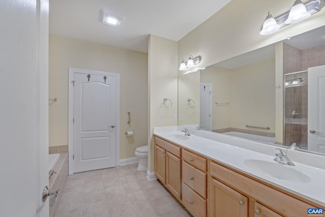 75 Cottage Ct, Zion Crossroads, VA 22942 - bathroom featuring a garden tub, double vanity, a tile shower, toilet, and tile patterned floors