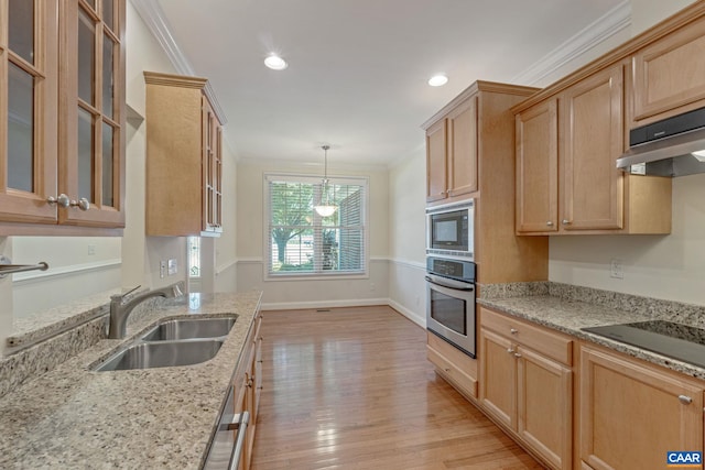 75 Cottage Ct, Zion Crossroads, VA 22942 - kitchen with appliances with stainless steel finishes, a sink, crown molding, light wood-style floors, and light stone counters