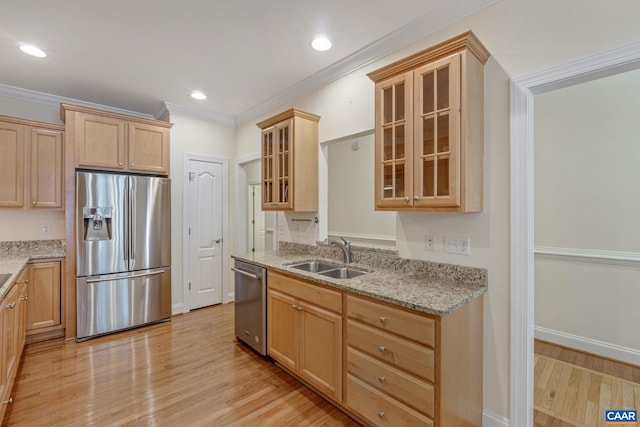 75 Cottage Ct, Zion Crossroads, VA 22942 - kitchen featuring stainless steel appliances, a sink, glass insert cabinets, light wood-style floors, and light stone countertops