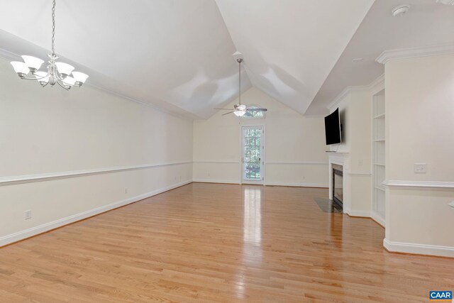 75 Cottage Ct, Zion Crossroads, VA 22942 - unfurnished living room featuring a ceiling fan, a chandelier, a fireplace with flush hearth, vaulted ceiling, and light wood-style flooring