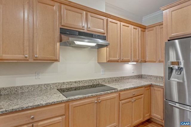 75 Cottage Ct, Zion Crossroads, VA 22942 - kitchen with stainless steel fridge with ice dispenser, under cabinet range hood, black electric cooktop, light brown cabinets, and ornamental molding