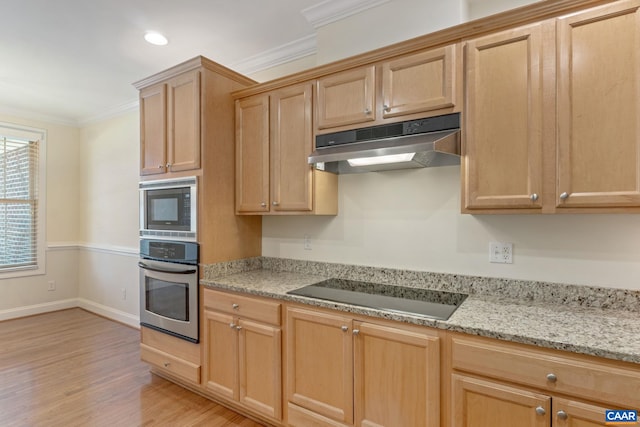 75 Cottage Ct, Zion Crossroads, VA 22942 - kitchen with under cabinet range hood, appliances with stainless steel finishes, light wood-style floors, ornamental molding, and light stone counters
