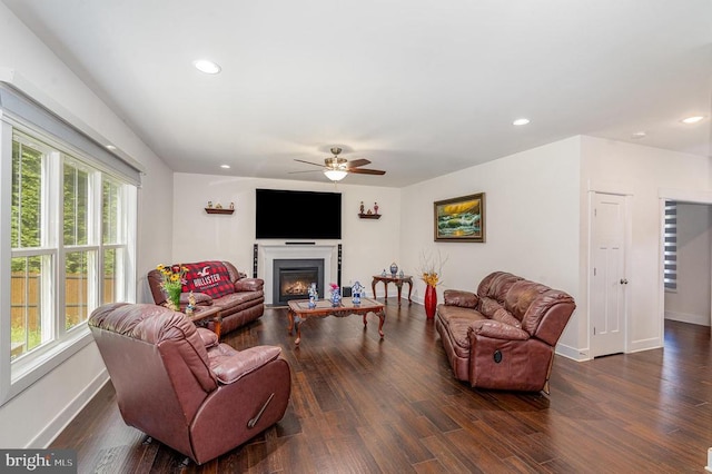 8806 Commons Cir, Spotsylvania, VA 22553 - living room with a ceiling fan, healthy amount of natural light, dark wood-type flooring, recessed lighting, and a warm lit fireplace