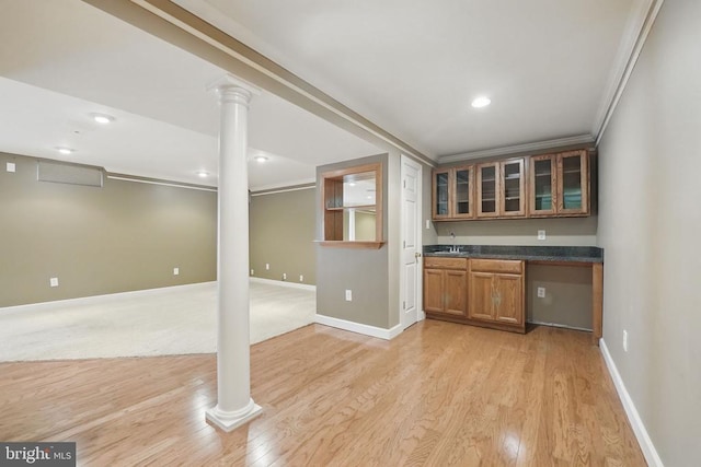 538 Colony Ct, Warrenton, VA 20186 - indoor wet bar featuring decorative columns, light wood-style floors, baseboards, ornamental molding, and recessed lighting