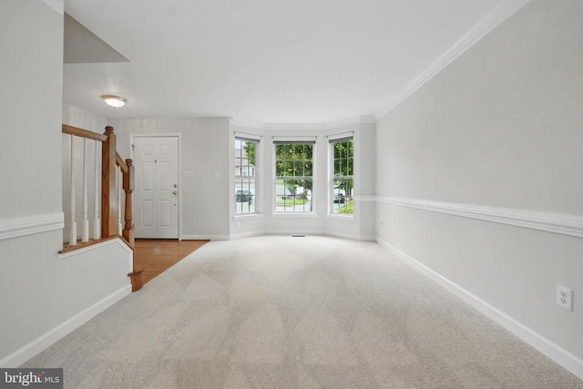 538 Colony Ct, Warrenton, VA 20186 - unfurnished living room with carpet, stairway, crown molding, and baseboards