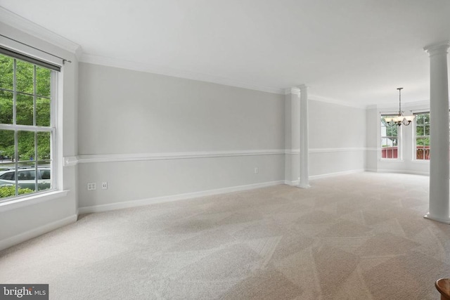 538 Colony Ct, Warrenton, VA 20186 - unfurnished room featuring a chandelier, ornamental molding, carpet, decorative columns, and baseboards