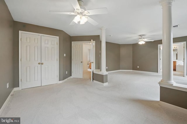 538 Colony Ct, Warrenton, VA 20186 - unfurnished living room with ceiling fan, decorative columns, and light carpet