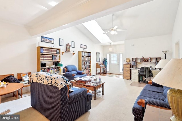 living area with an office area, ceiling fan, high vaulted ceiling, and light carpet