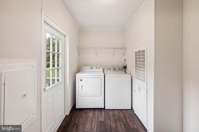 8708 Berkeley Farms Ln, Partlow, VA 22534 - laundry area featuring dark wood-style flooring, ornamental molding, laundry area, and washer and dryer