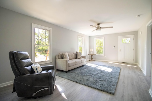 living area featuring plenty of natural light, wood finished floors, a ceiling fan, and baseboards