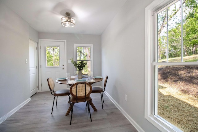 dining room with baseboards and light wood-type flooring