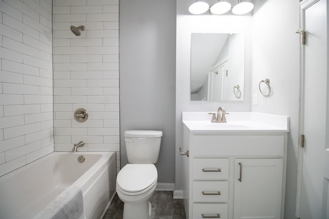 full bath with toilet, vanity, shower / tub combination, and baseboards