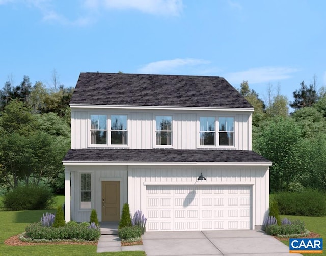 view of front of property featuring driveway, a shingled roof, an attached garage, and board and batten siding