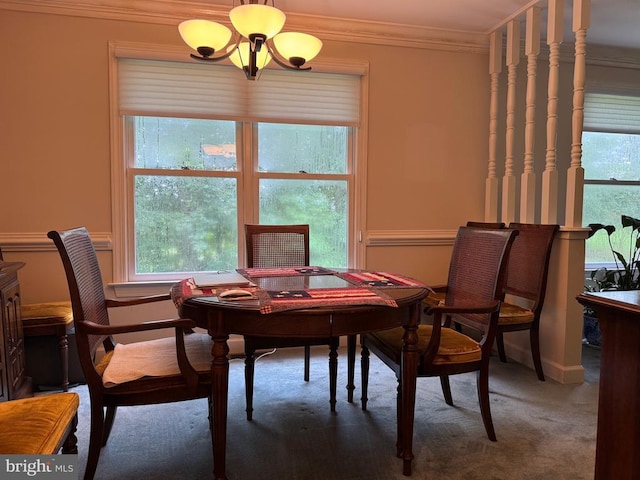 11068 Alum Springs Rd, Culpeper, VA 22701 - carpeted dining area featuring crown molding and a chandelier