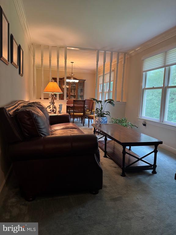 11068 Alum Springs Rd, Culpeper, VA 22701 - carpeted living room featuring crown molding and a chandelier