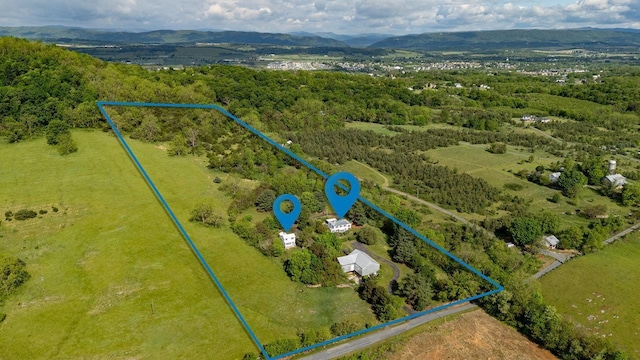2860 Uphill Dr, Broadway, VA 22815 - aerial overview of property's location with property boundaries highlighted and a mountain backdrop