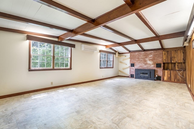 2860 Uphill Dr, Broadway, VA 22815 - unfurnished living room featuring a wall mounted air conditioner, baseboards, a brick fireplace, and light floors