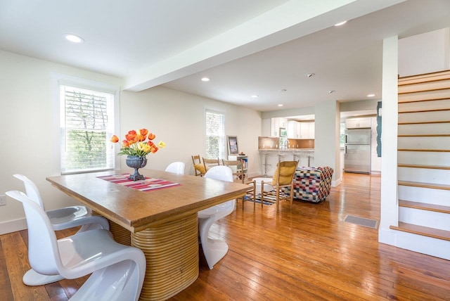 2860 Uphill Dr, Broadway, VA 22815 - dining space with stairway, light wood-type flooring, recessed lighting, and baseboards