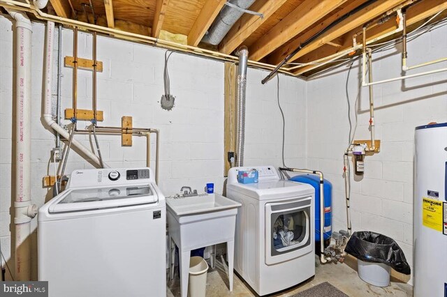 1117 Poor House Rd, Banco, VA 22711 - laundry room with washer and dryer, water heater, and concrete block wall