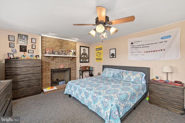 1117 Poor House Rd, Banco, VA 22711 - bedroom with carpet, a brick fireplace, and ceiling fan