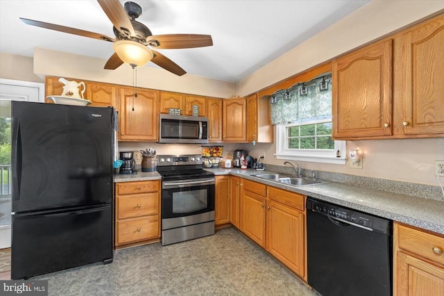 1117 Poor House Rd, Banco, VA 22711 - kitchen with black appliances, ceiling fan, and brown cabinets
