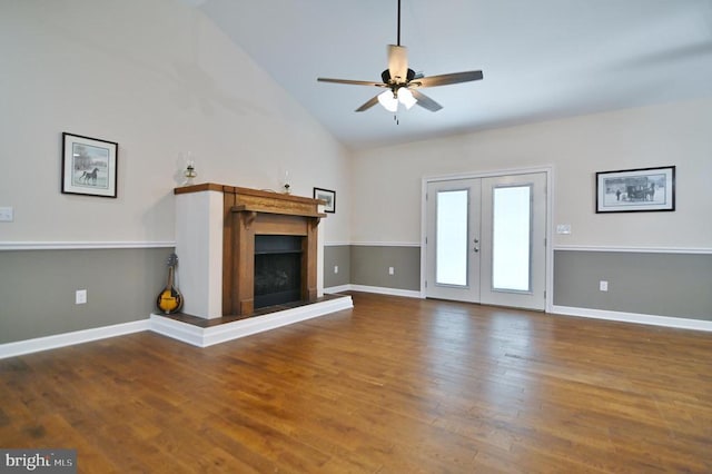 1835 Mill Creek Xrds, Luray, VA 22835 - unfurnished living room with a ceiling fan, wood finished floors, a fireplace with raised hearth, french doors, and high vaulted ceiling