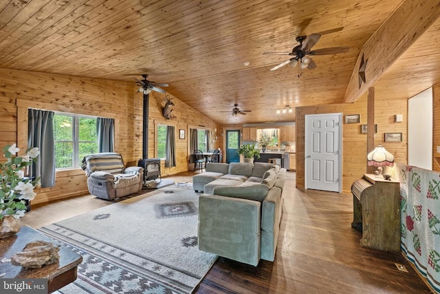 468 George James Loop, Radiant, VA 22732 - living area with a wood stove, wood walls, and ceiling fan