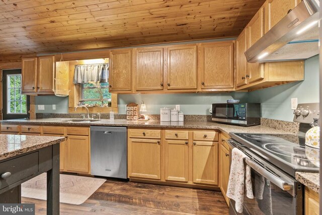 468 George James Loop, Radiant, VA 22732 - kitchen featuring under cabinet range hood, wooden ceiling, stainless steel appliances, and a sink