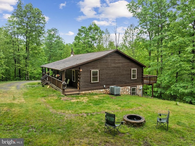 468 George James Loop, Radiant, VA 22732 - view of home's exterior featuring a fire pit, central AC unit, log siding, a wooden deck, and a yard