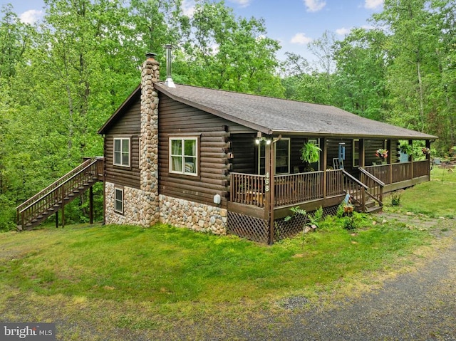 468 George James Loop, Radiant, VA 22732 - rear view of property with log siding, stairway, a chimney, and a yard