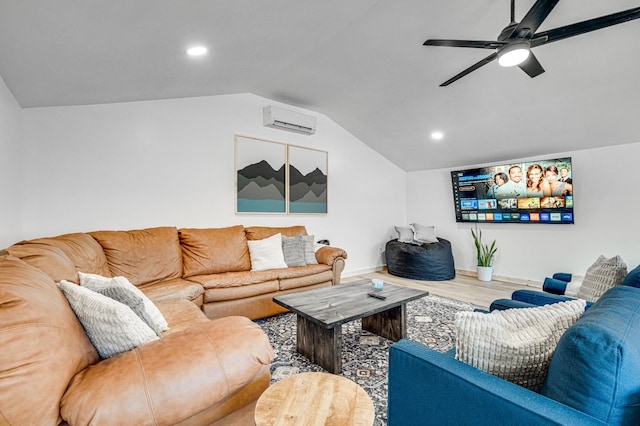 living area with lofted ceiling, an AC wall unit, baseboards, ceiling fan, and wood finished floors