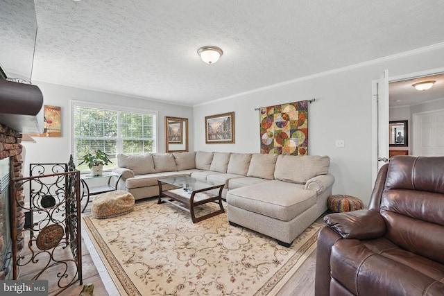  - living area with ornamental molding, a textured ceiling, a stone fireplace, and wood finished floors