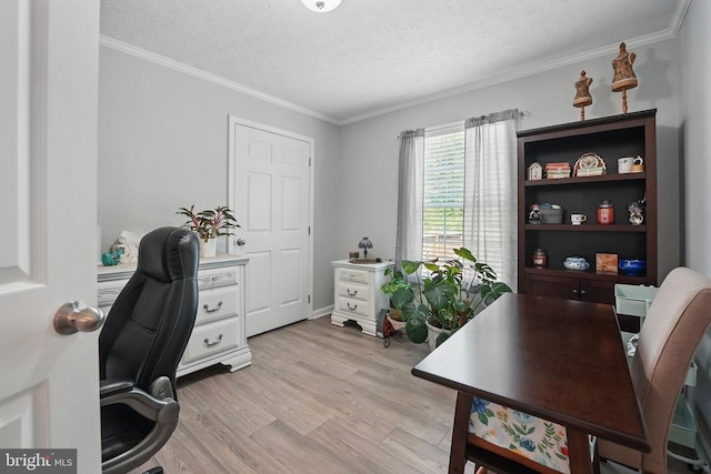  - office with ornamental molding, light wood-type flooring, and a textured ceiling