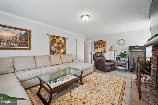  - living room with wood finished floors, ornamental molding, a textured ceiling, and a fireplace