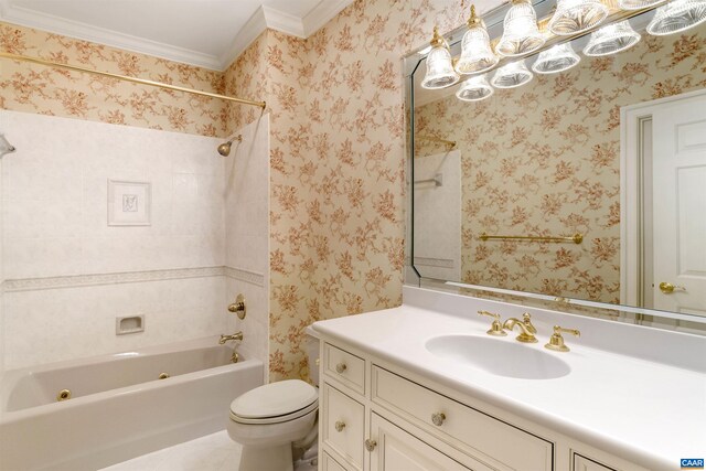 bathroom featuring ornamental molding, toilet, vanity, a combined bath / shower with jetted tub, and tile patterned flooring