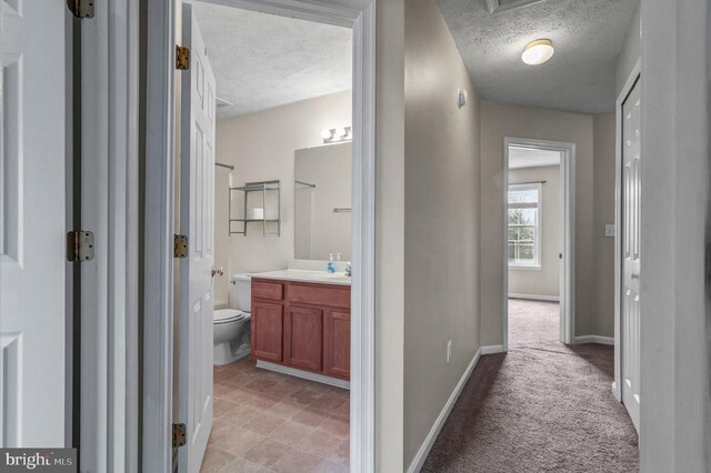 hallway featuring a textured ceiling, baseboards, light carpet, and a sink
