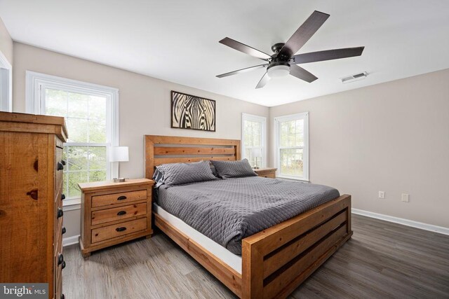 bedroom featuring wood finished floors, multiple windows, baseboards, and a ceiling fan