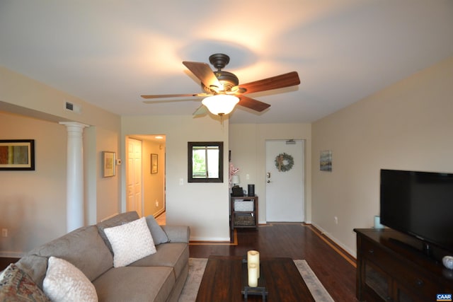 1606 Monticello Ave Unit G, Charlottesville, VA 22902 - living area featuring wood finished floors, a ceiling fan, and decorative columns
