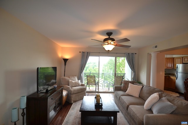 1606 Monticello Ave Unit G, Charlottesville, VA 22902 - living room featuring a ceiling fan, dark wood-style floors, and ornate columns