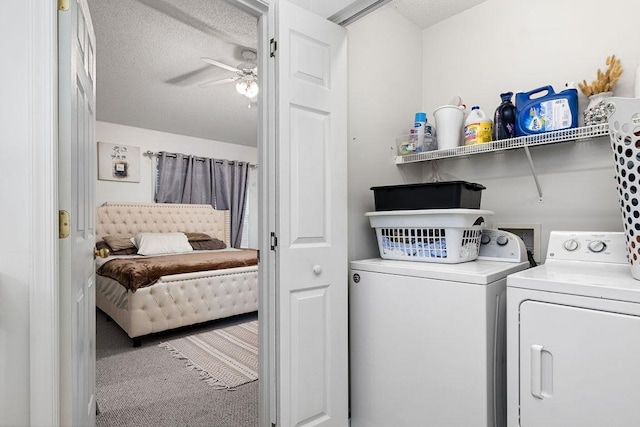 2387 King Arthurs Ct, Harrisonburg, VA 22801 - laundry area featuring washing machine and clothes dryer, a ceiling fan, carpet floors, and a textured ceiling