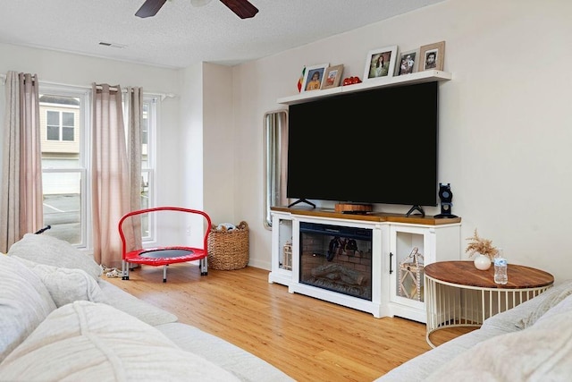 2387 King Arthurs Ct, Harrisonburg, VA 22801 - living room with wood finished floors, ceiling fan, and a textured ceiling