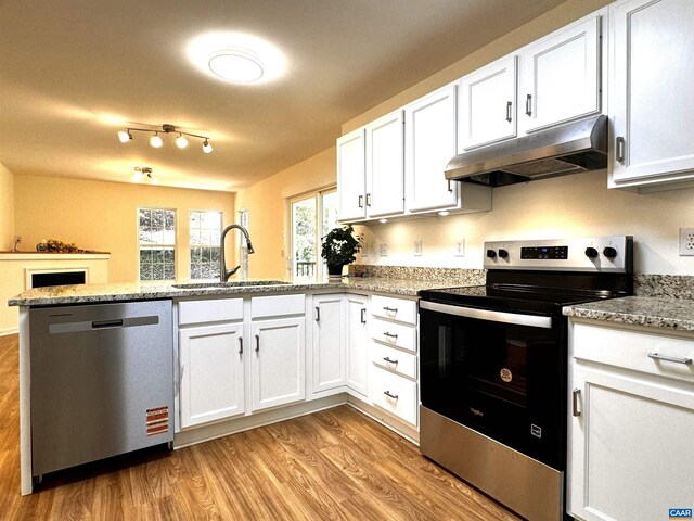 276 Rustling Oaks Way, Ruckersville, VA 22968 - kitchen featuring under cabinet range hood, stainless steel appliances, a sink, a peninsula, and light wood-style flooring