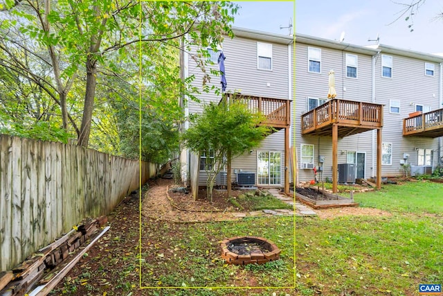 rear view of house featuring a fenced backyard, an outdoor fire pit, central AC, and a lawn