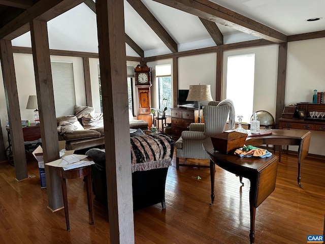301 Gillums Ridge Rd, Charlottesville, VA 22903 - living area featuring vaulted ceiling with beams and hardwood / wood-style flooring