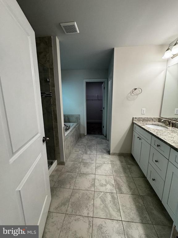 102 Monroe St, Locust Grove, VA 22508 - bathroom featuring vanity, a bath, a shower stall, and tile patterned floors