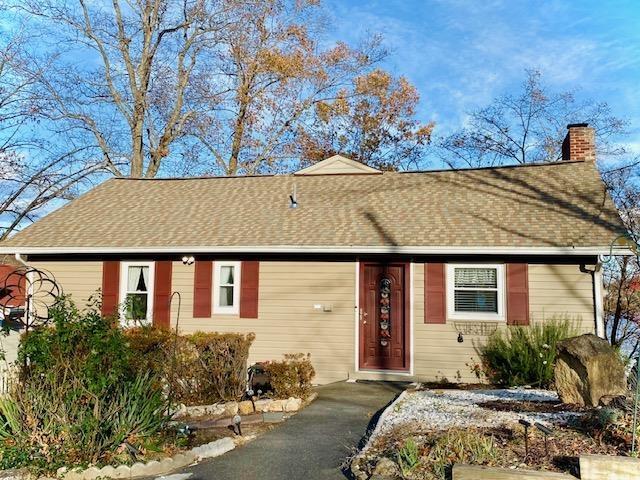 view of front of home featuring a chimney and roof with shingles