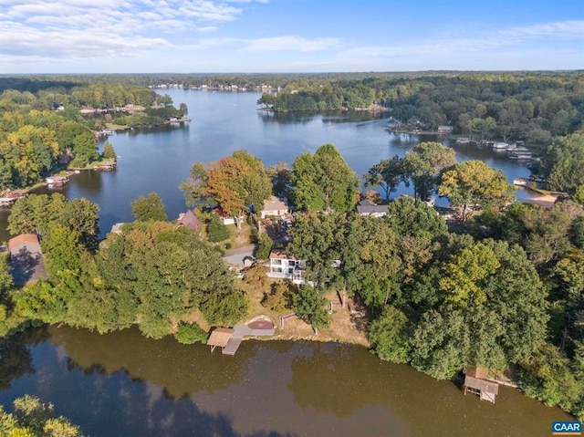 aerial view with a water view and a wooded view