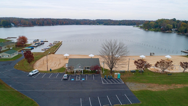 bird's eye view with a water view