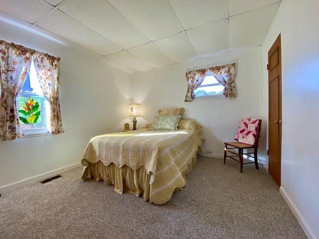 carpeted bedroom with baseboards, visible vents, and a drop ceiling