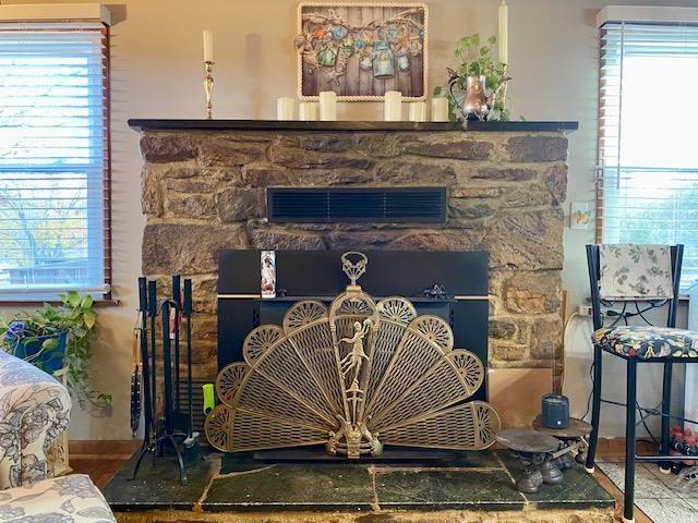room details featuring baseboards, a stone fireplace, and visible vents